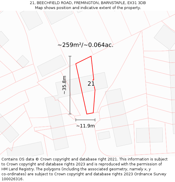 21, BEECHFIELD ROAD, FREMINGTON, BARNSTAPLE, EX31 3DB: Plot and title map