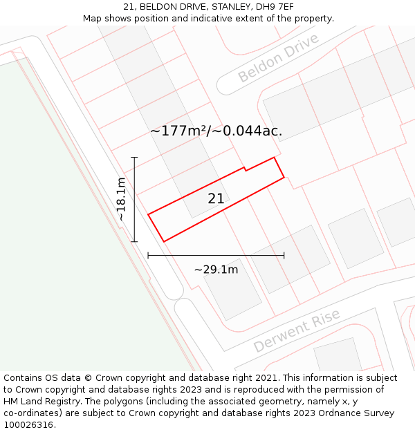 21, BELDON DRIVE, STANLEY, DH9 7EF: Plot and title map