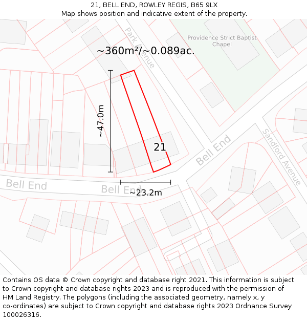 21, BELL END, ROWLEY REGIS, B65 9LX: Plot and title map