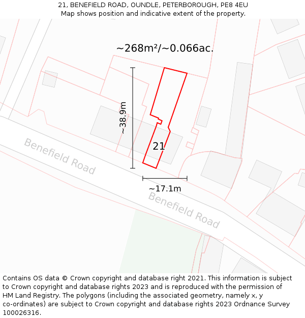 21, BENEFIELD ROAD, OUNDLE, PETERBOROUGH, PE8 4EU: Plot and title map