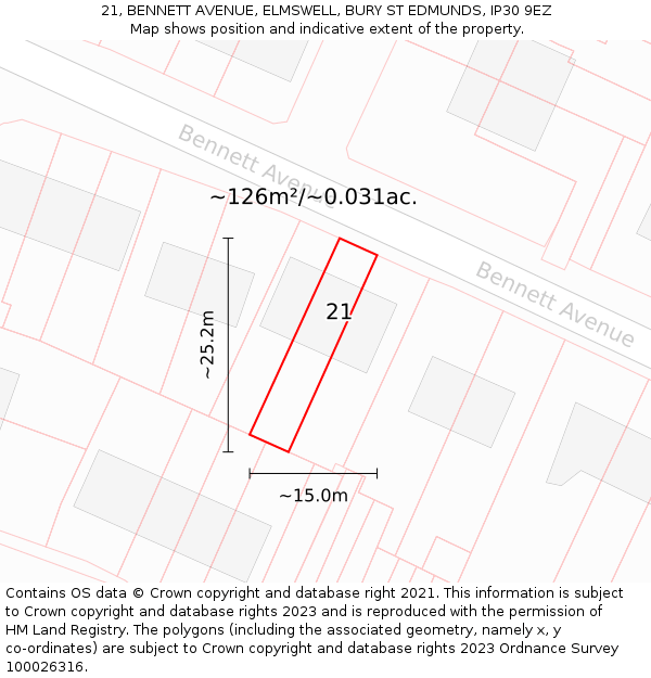 21, BENNETT AVENUE, ELMSWELL, BURY ST EDMUNDS, IP30 9EZ: Plot and title map