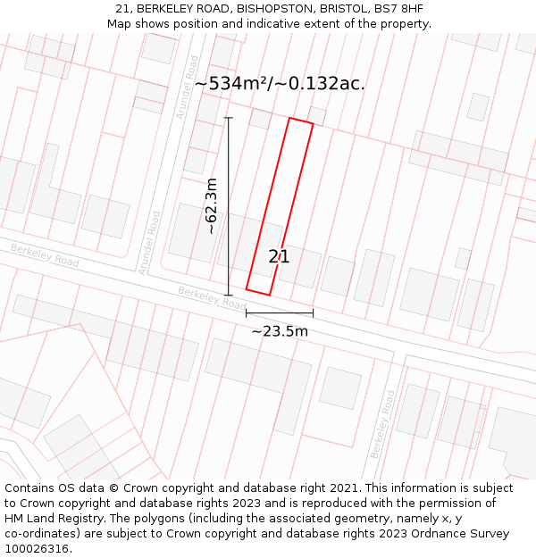 21, BERKELEY ROAD, BISHOPSTON, BRISTOL, BS7 8HF: Plot and title map