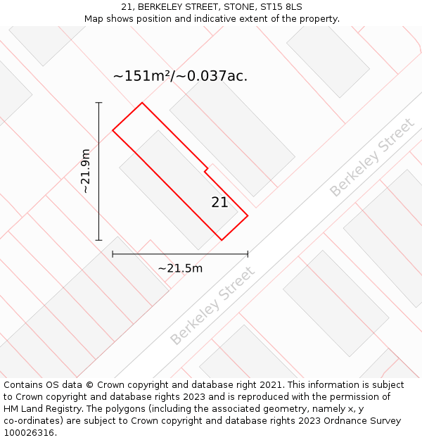 21, BERKELEY STREET, STONE, ST15 8LS: Plot and title map