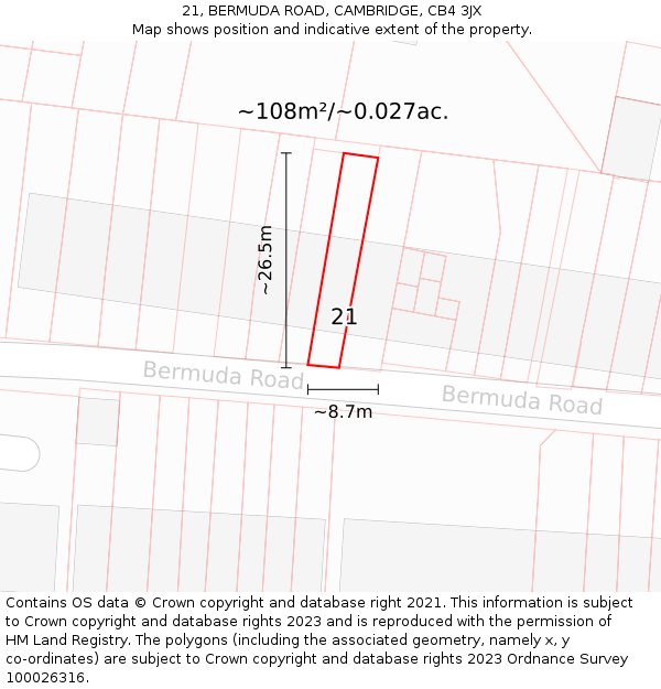 21, BERMUDA ROAD, CAMBRIDGE, CB4 3JX: Plot and title map