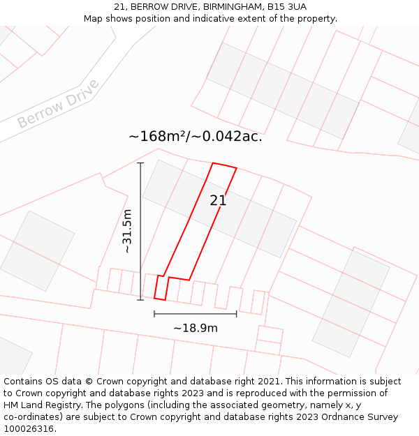 21, BERROW DRIVE, BIRMINGHAM, B15 3UA: Plot and title map