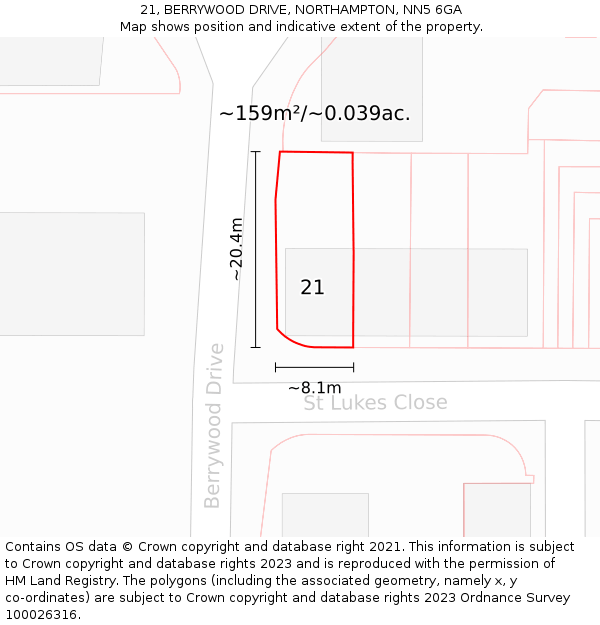 21, BERRYWOOD DRIVE, NORTHAMPTON, NN5 6GA: Plot and title map