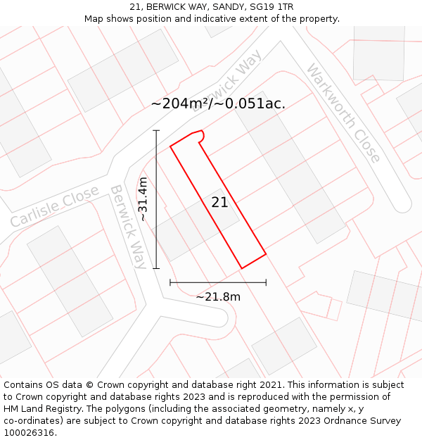 21, BERWICK WAY, SANDY, SG19 1TR: Plot and title map