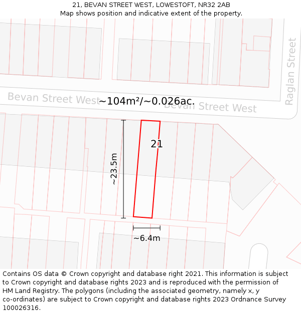 21, BEVAN STREET WEST, LOWESTOFT, NR32 2AB: Plot and title map