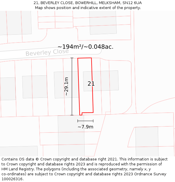 21, BEVERLEY CLOSE, BOWERHILL, MELKSHAM, SN12 6UA: Plot and title map