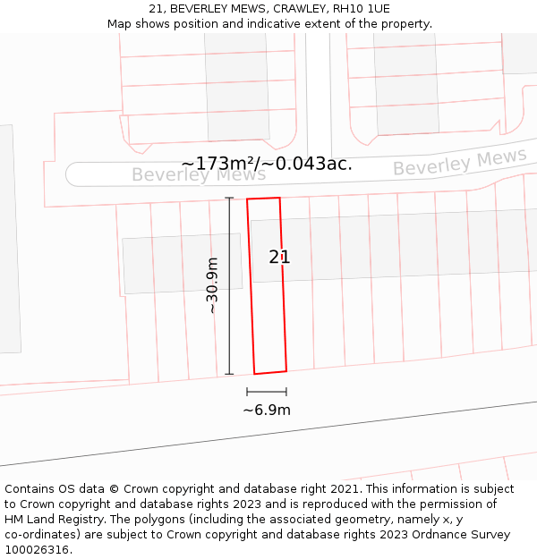 21, BEVERLEY MEWS, CRAWLEY, RH10 1UE: Plot and title map