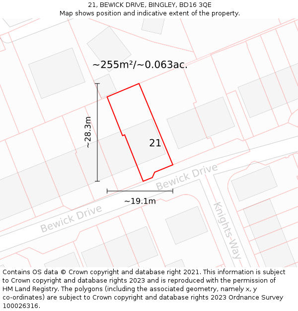 21, BEWICK DRIVE, BINGLEY, BD16 3QE: Plot and title map