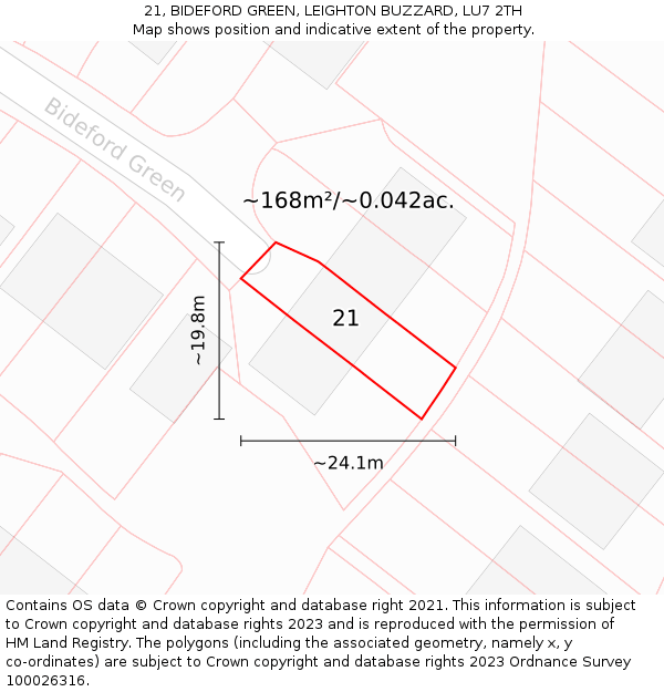 21, BIDEFORD GREEN, LEIGHTON BUZZARD, LU7 2TH: Plot and title map
