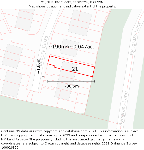21, BILBURY CLOSE, REDDITCH, B97 5XN: Plot and title map