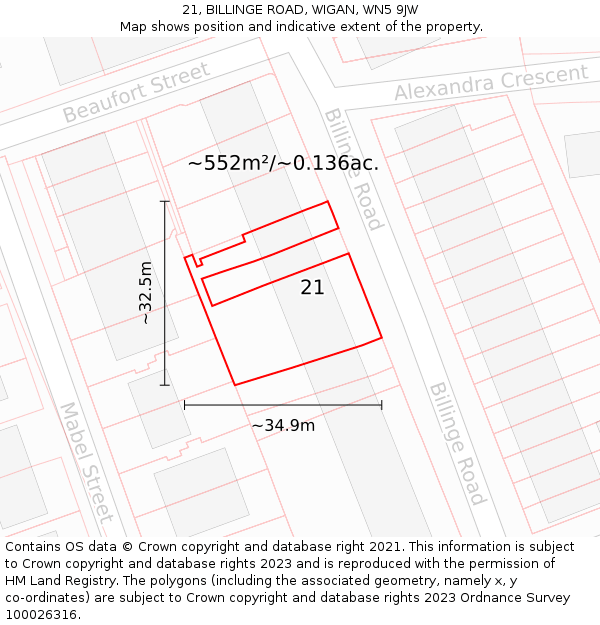 21, BILLINGE ROAD, WIGAN, WN5 9JW: Plot and title map
