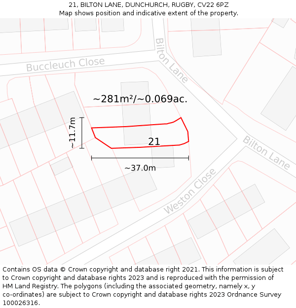 21, BILTON LANE, DUNCHURCH, RUGBY, CV22 6PZ: Plot and title map