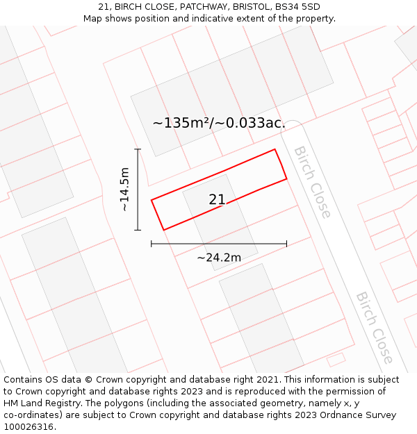 21, BIRCH CLOSE, PATCHWAY, BRISTOL, BS34 5SD: Plot and title map