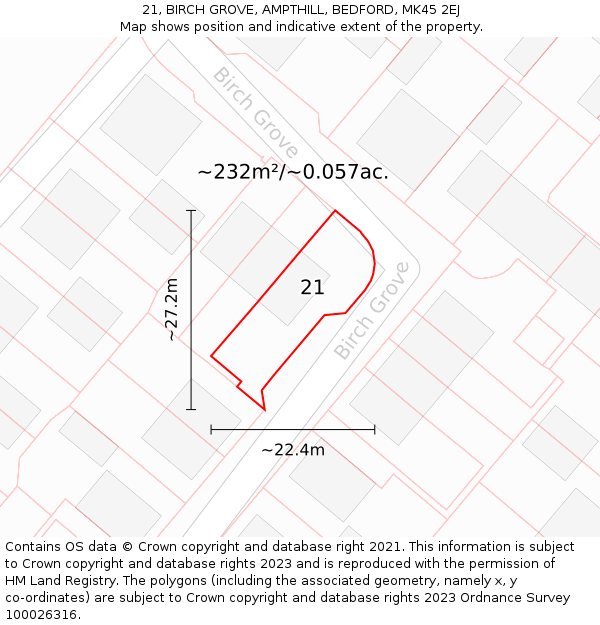 21, BIRCH GROVE, AMPTHILL, BEDFORD, MK45 2EJ: Plot and title map