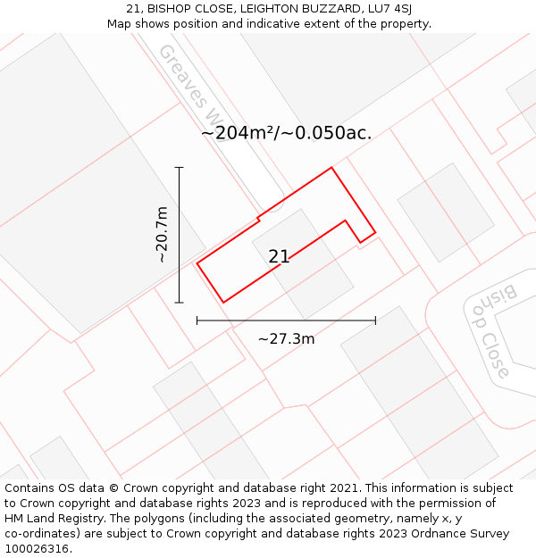 21, BISHOP CLOSE, LEIGHTON BUZZARD, LU7 4SJ: Plot and title map