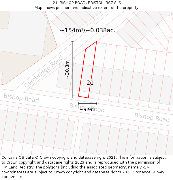 21, BISHOP ROAD, BRISTOL, BS7 8LS: Plot and title map