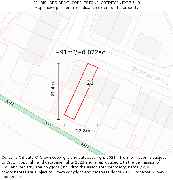 21, BISHOPS DRIVE, COPPLESTONE, CREDITON, EX17 5HR: Plot and title map