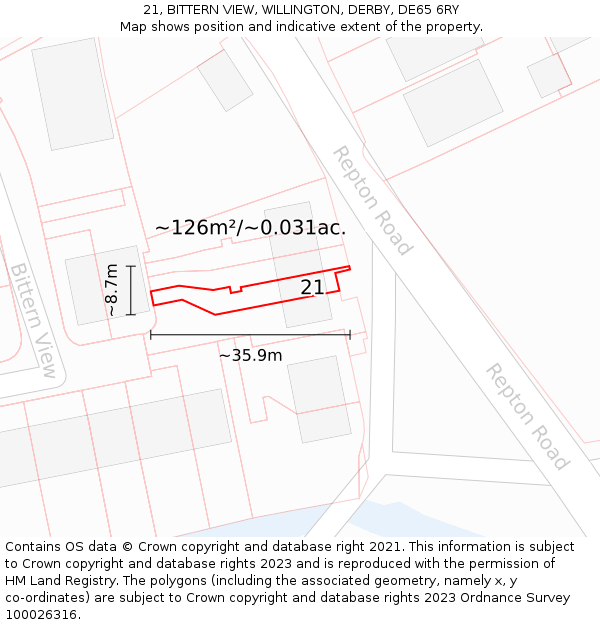 21, BITTERN VIEW, WILLINGTON, DERBY, DE65 6RY: Plot and title map