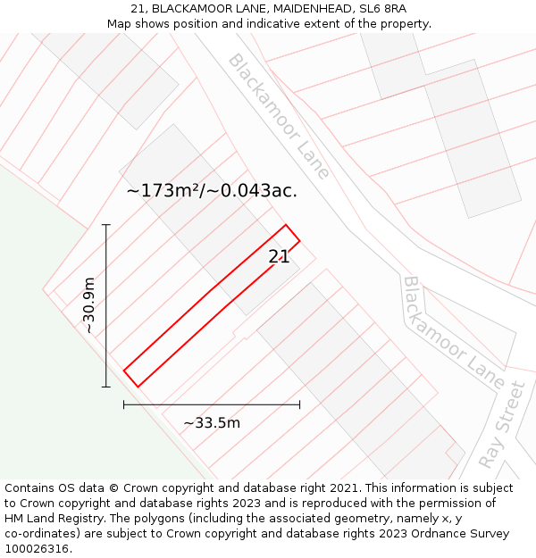 21, BLACKAMOOR LANE, MAIDENHEAD, SL6 8RA: Plot and title map