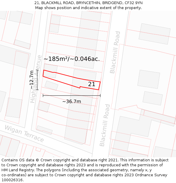 21, BLACKMILL ROAD, BRYNCETHIN, BRIDGEND, CF32 9YN: Plot and title map