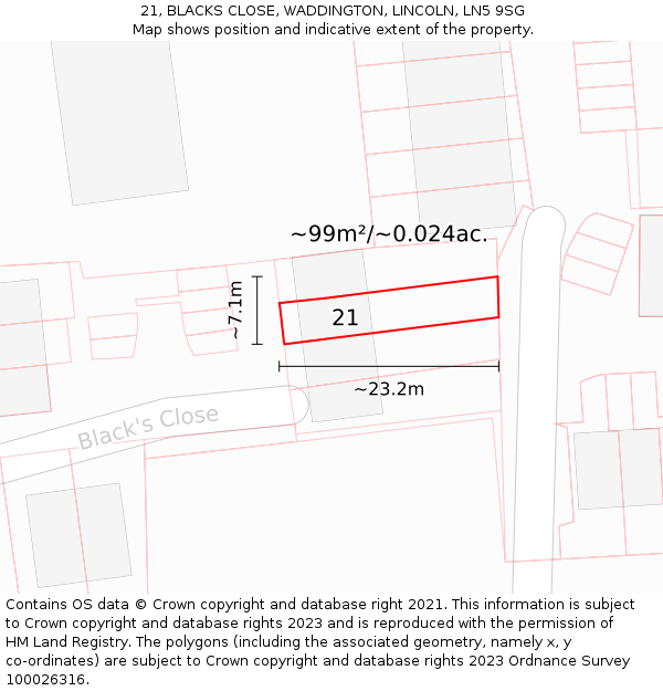 21, BLACKS CLOSE, WADDINGTON, LINCOLN, LN5 9SG: Plot and title map