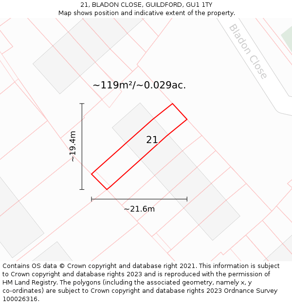 21, BLADON CLOSE, GUILDFORD, GU1 1TY: Plot and title map