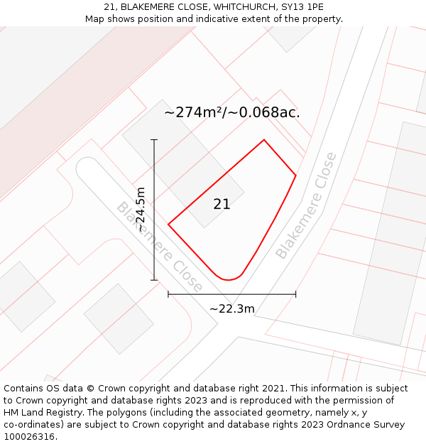 21, BLAKEMERE CLOSE, WHITCHURCH, SY13 1PE: Plot and title map