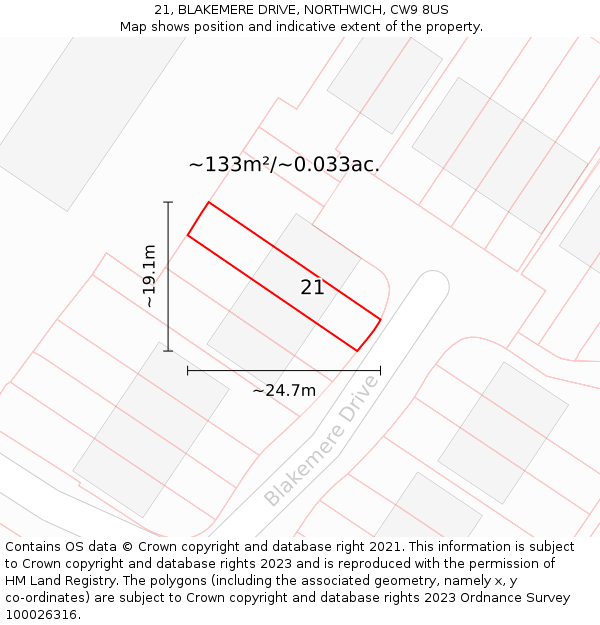 21, BLAKEMERE DRIVE, NORTHWICH, CW9 8US: Plot and title map