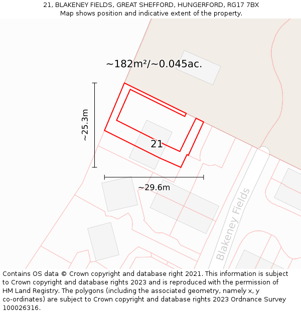 21, BLAKENEY FIELDS, GREAT SHEFFORD, HUNGERFORD, RG17 7BX: Plot and title map