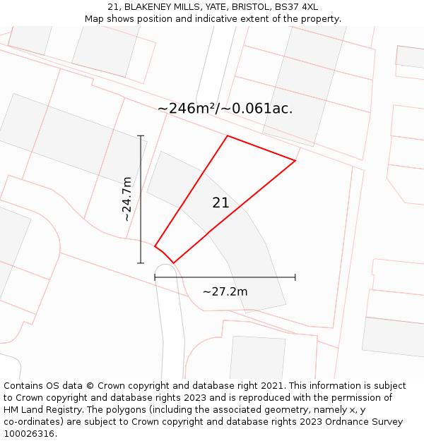 21, BLAKENEY MILLS, YATE, BRISTOL, BS37 4XL: Plot and title map