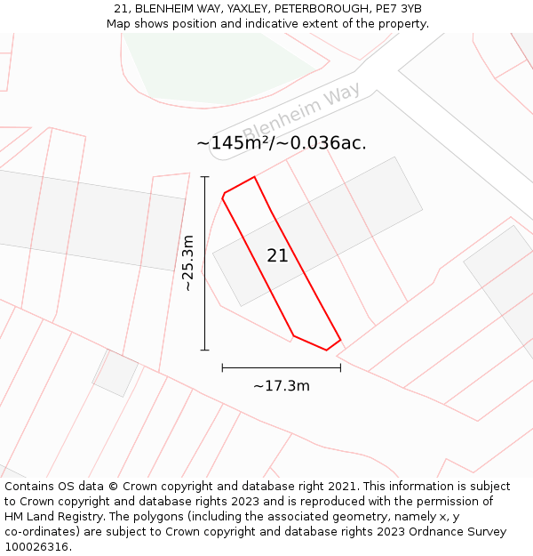 21, BLENHEIM WAY, YAXLEY, PETERBOROUGH, PE7 3YB: Plot and title map