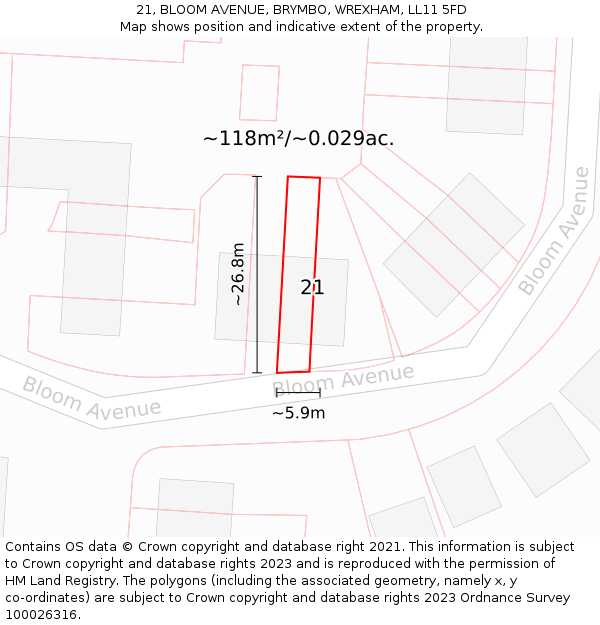 21, BLOOM AVENUE, BRYMBO, WREXHAM, LL11 5FD: Plot and title map