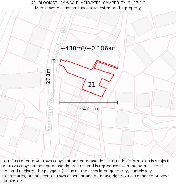21, BLOOMSBURY WAY, BLACKWATER, CAMBERLEY, GU17 9JG: Plot and title map