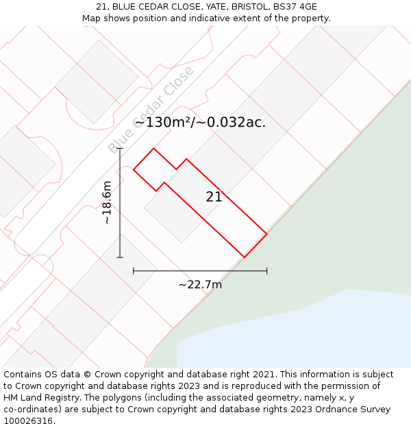 21, BLUE CEDAR CLOSE, YATE, BRISTOL, BS37 4GE: Plot and title map