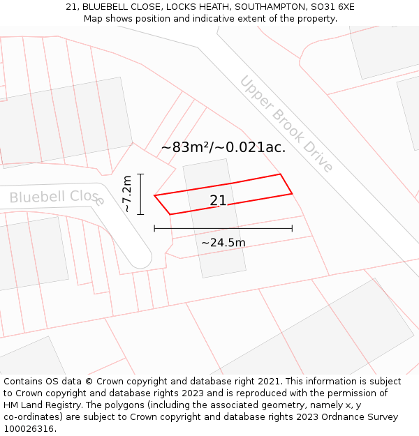 21, BLUEBELL CLOSE, LOCKS HEATH, SOUTHAMPTON, SO31 6XE: Plot and title map