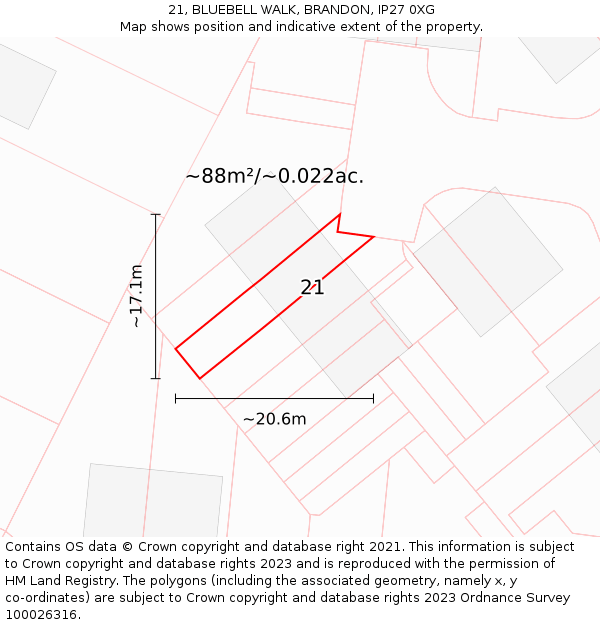 21, BLUEBELL WALK, BRANDON, IP27 0XG: Plot and title map
