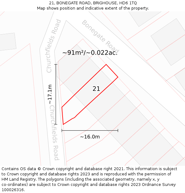 21, BONEGATE ROAD, BRIGHOUSE, HD6 1TQ: Plot and title map