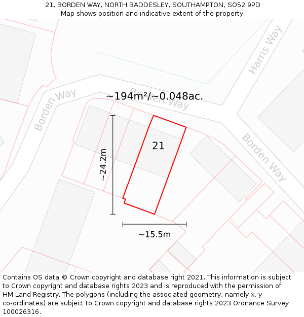 21, BORDEN WAY, NORTH BADDESLEY, SOUTHAMPTON, SO52 9PD: Plot and title map