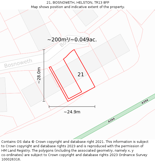 21, BOSNOWETH, HELSTON, TR13 8FP: Plot and title map