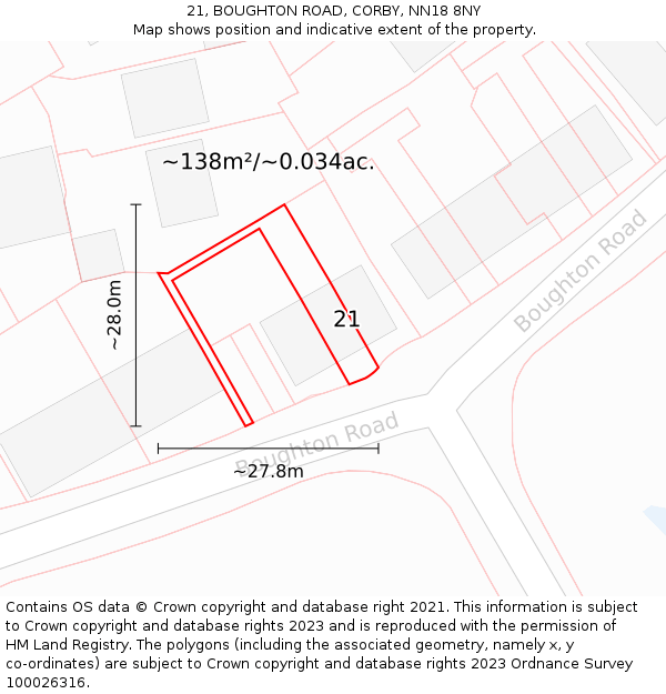 21, BOUGHTON ROAD, CORBY, NN18 8NY: Plot and title map