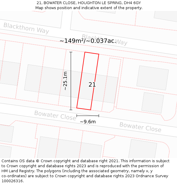 21, BOWATER CLOSE, HOUGHTON LE SPRING, DH4 6GY: Plot and title map
