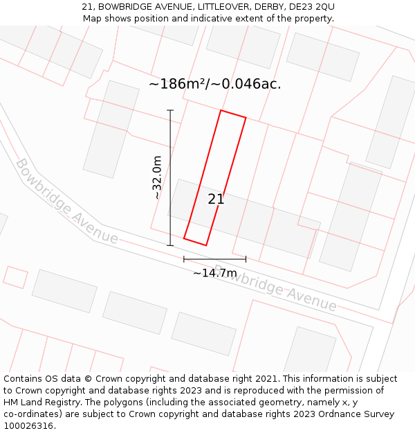 21, BOWBRIDGE AVENUE, LITTLEOVER, DERBY, DE23 2QU: Plot and title map
