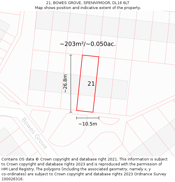 21, BOWES GROVE, SPENNYMOOR, DL16 6LT: Plot and title map