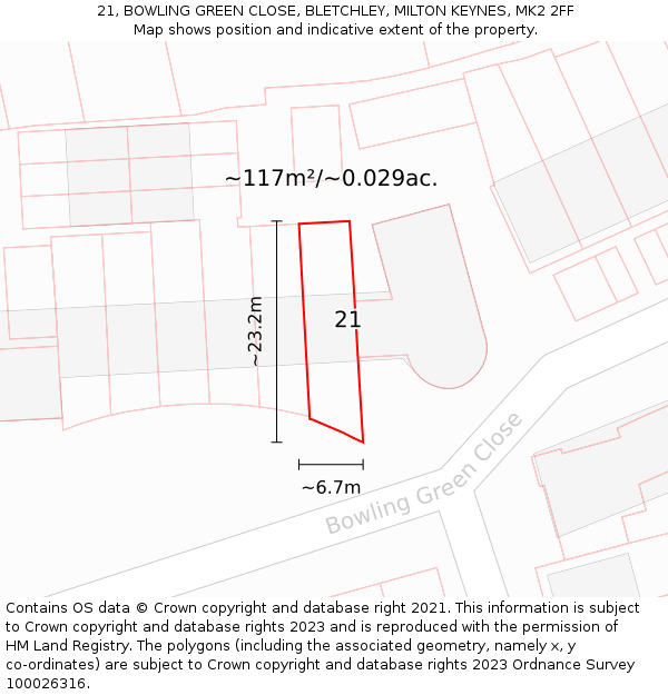 21, BOWLING GREEN CLOSE, BLETCHLEY, MILTON KEYNES, MK2 2FF: Plot and title map