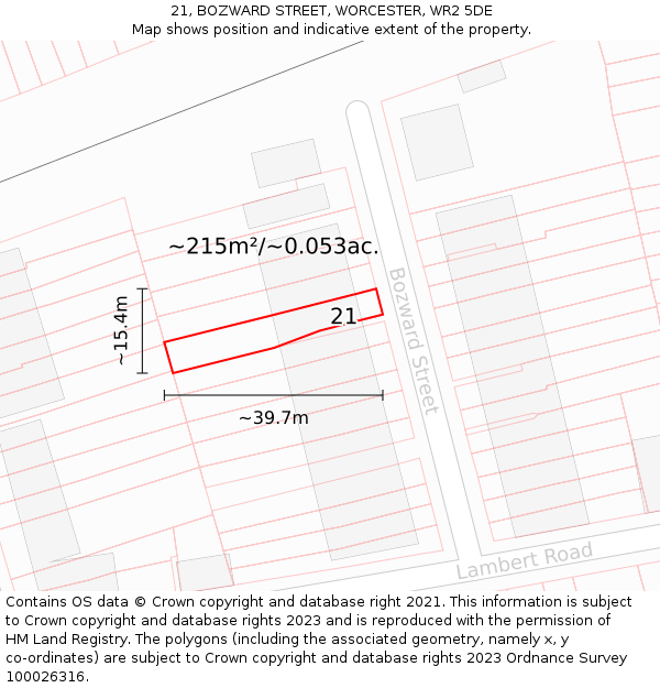21, BOZWARD STREET, WORCESTER, WR2 5DE: Plot and title map