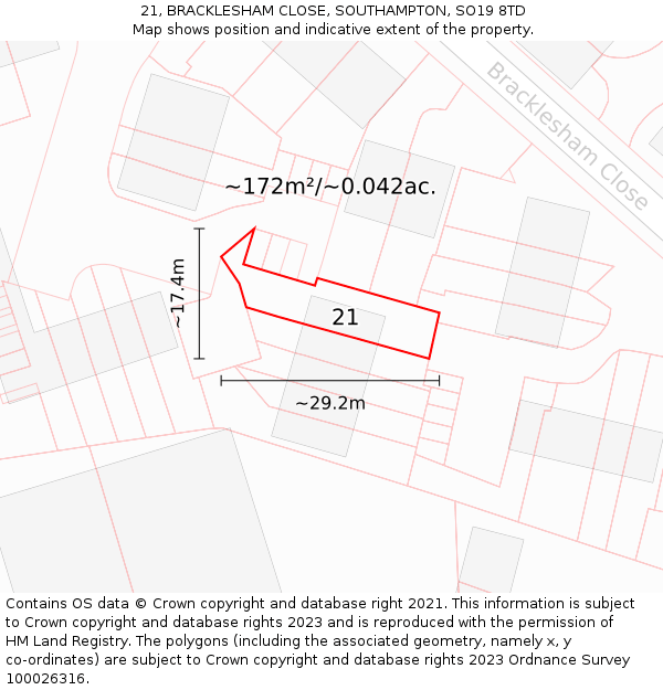 21, BRACKLESHAM CLOSE, SOUTHAMPTON, SO19 8TD: Plot and title map
