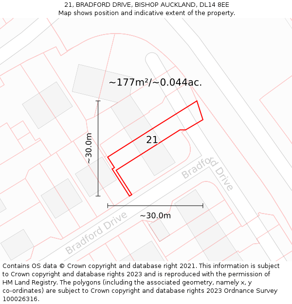 21, BRADFORD DRIVE, BISHOP AUCKLAND, DL14 8EE: Plot and title map